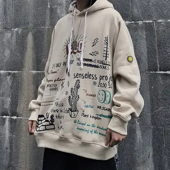 

Cartoon Print Hooded Fleece Men Hoodies Graffiti Streetwear Hip Hop Male Harajuku Pullover Tops 2019 Winter Casual Sweatshirt