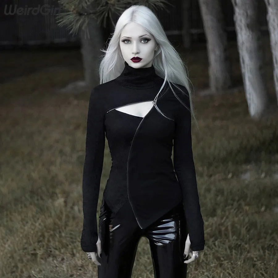 Weirdgirl/Новые осенние толстовки, модное крутое женское платье-водолазка с длинными рукавами, одежда на молнии с отверстиями для большого пальца, женские толстовки с капюшоном