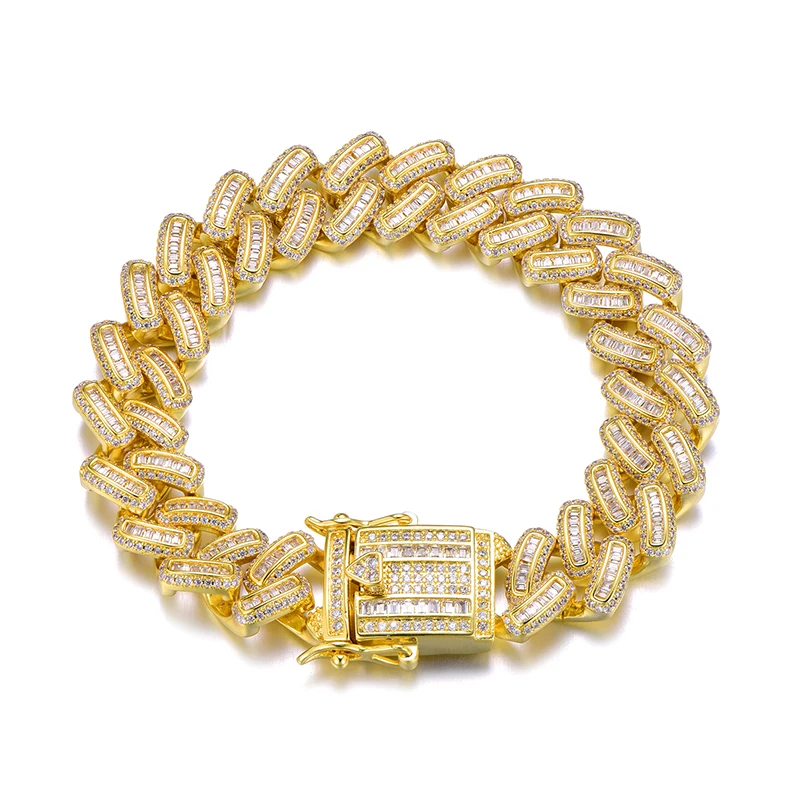 В Стиле Хип-хоп, 15 мм, колье с квадратным цирконием AAA CZ, кубинская цепочка, мужские медные ожерелья, мужские ювелирные изделия - Окраска металла: Gold Bracelet