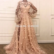 Мусульманское вечернее платье с длинным рукавом фонарь кружева цветок высокий разрез Иллюзия исламский Дубай Саудовская Арабская вечернее платье бохо платье для выпускного вечера