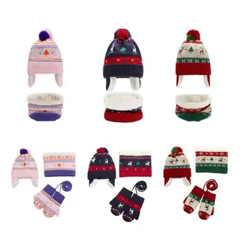 

Toddler Kids Christmas Contrast Color Pompom Earflap Hat Scarf Gloves 3 Pcs Set C90E