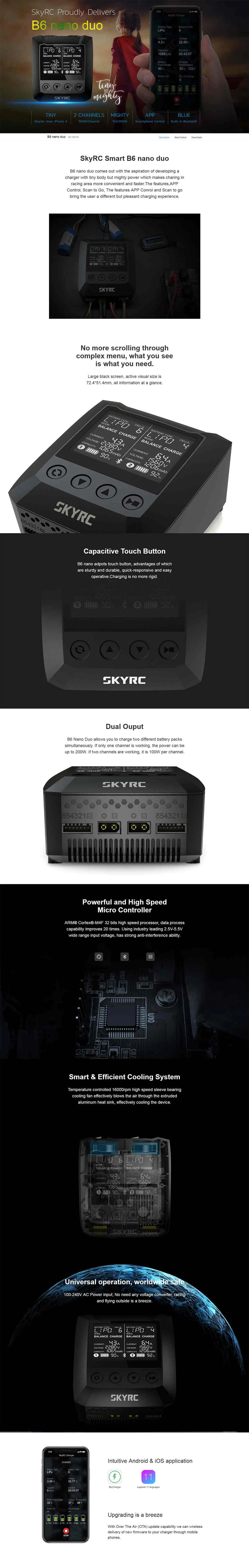 SKYRC B6 DUO 2X100 Вт 15A AC bluetooth Смарт зарядное устройство Dis зарядное устройство Поддержка Sky зарядное устройство приложение для радиоуправляемых моделей Дрон