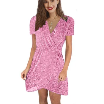 

V-neck Short Sleeve Solid Party Dress Loose Straight Fashion Pockets Elegant Feminina Vestidos Casual Vintage Women Summer New