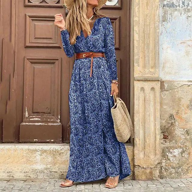 Summer Autumn Boho Dresses Loose Long Sleeve Maxi Dress For Women Midi Sundress Elegant Female Bodycon Dress Beach Casual Robe 5