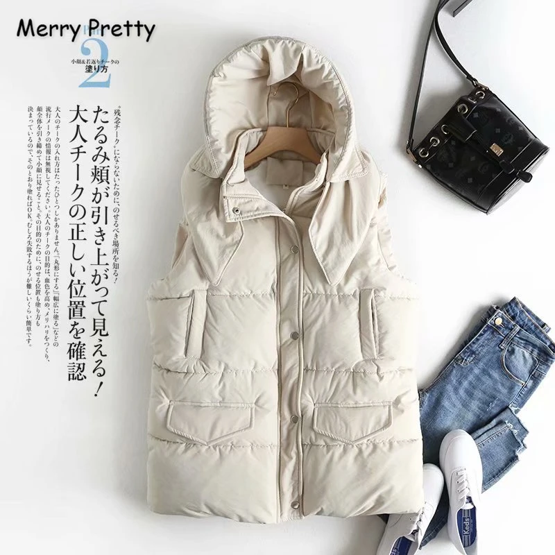 

Merry Pretty Women's Solid Zippers Hooded Vest Coat 2019 Autumn Winter Sleeveless Mandarin Collar Warm Fake Pocket Waistcoat