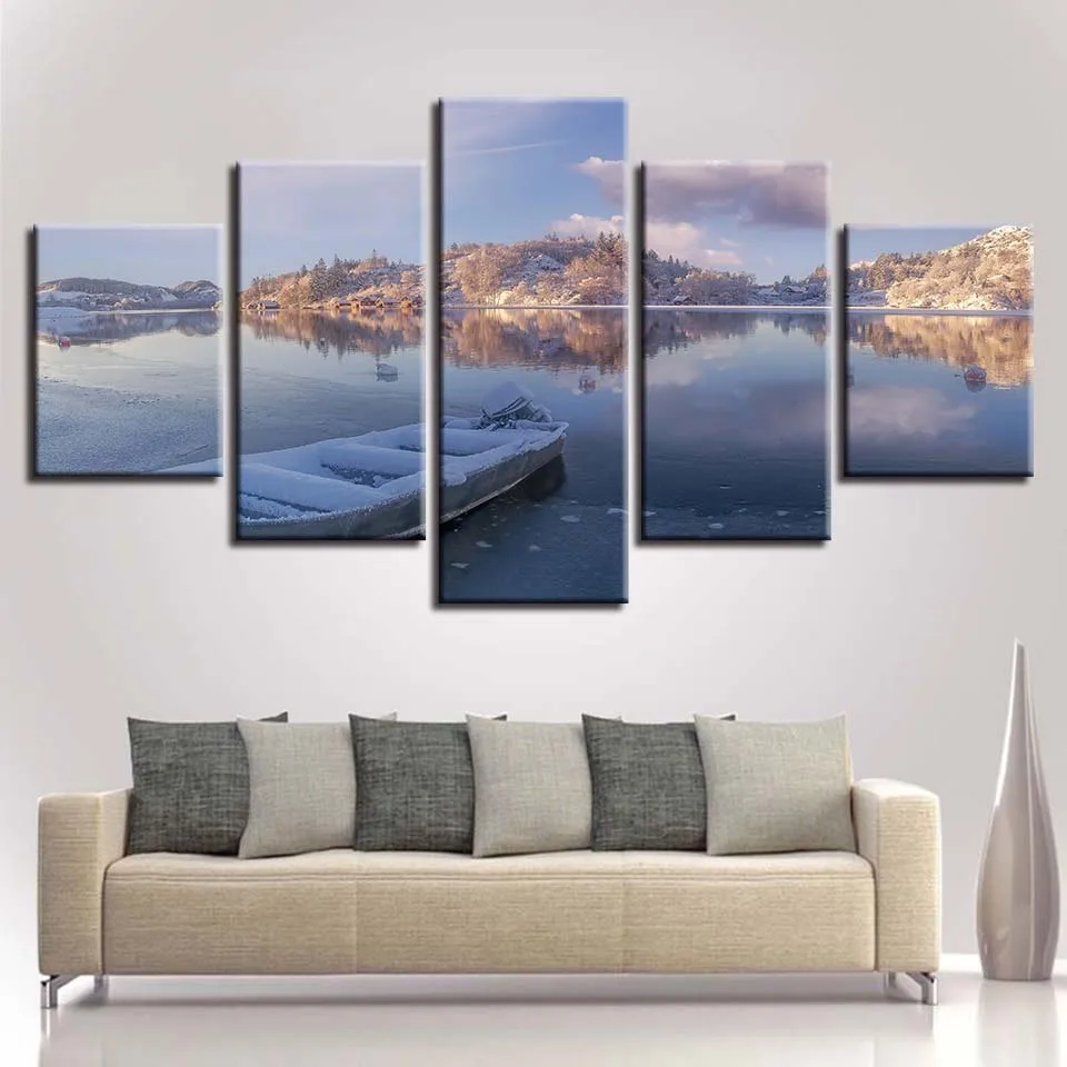 

Canvas Poster Home Decor 5 Pieces Winter Snow Lake Boats Clouds Painting Modular HD Print Nature Pictures Wall Art(No Frame)