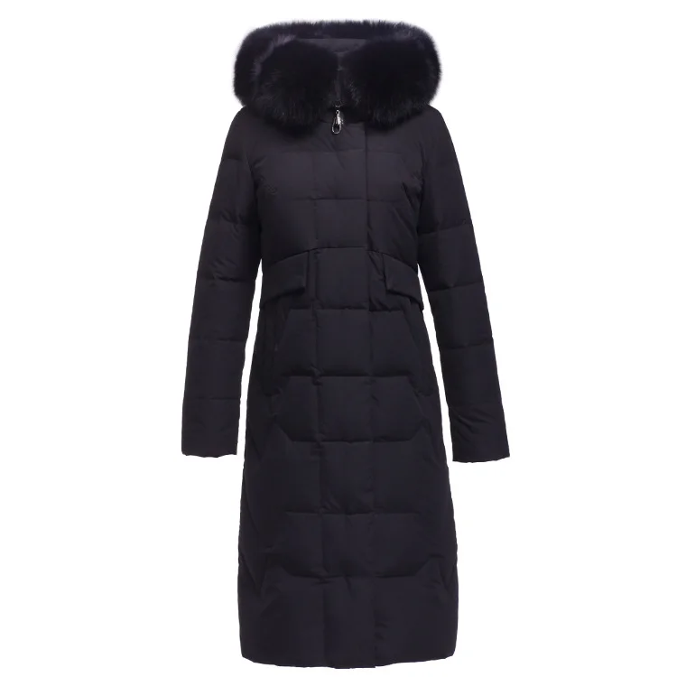 autumn and winter new solid color long-sleeved hooded down jacket fox fur collar loose casual long down jacket women