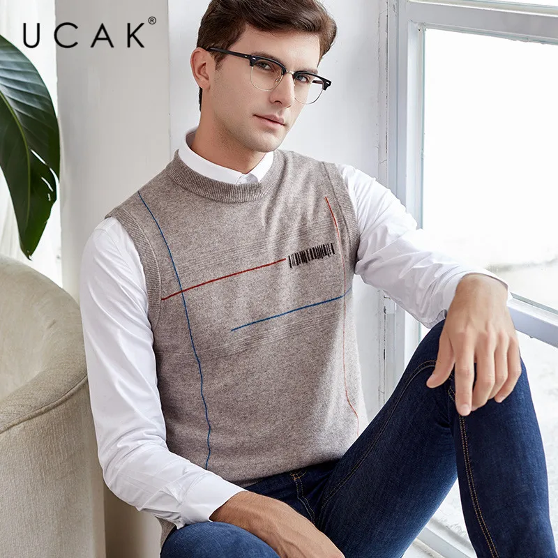 Buy UCAK Brand Pure Merino Wool Sweater Vest 2019 New Arrival Casual Autumn Winter Pull Homme Streetwear Warm O-Neck Sweaters U3113