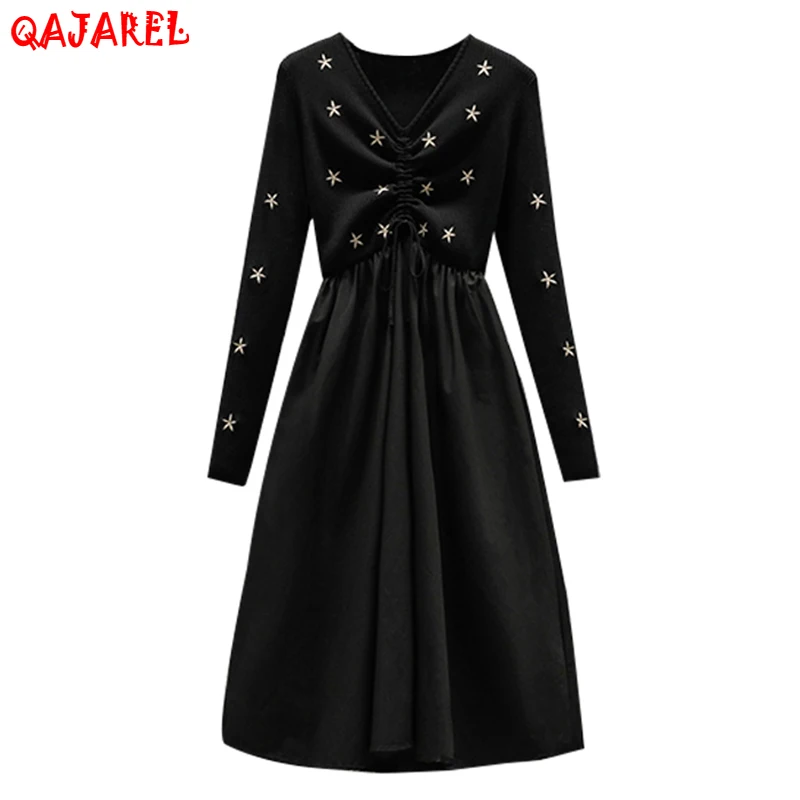 

Women Black Embroidery Knitted Cottom Dress 2023 Korean Vintage Casual Midi Dress Autumn Winter Elegant Bodycon Office Sweaters