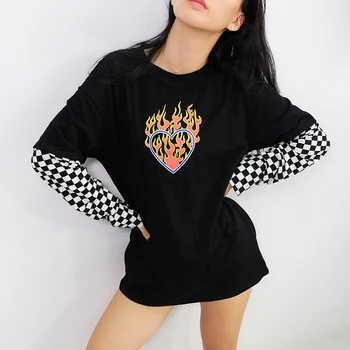

Women Plaid Patchwork Long Sleeve Flaming Heart Print Sweatshirt 2017 Autumn Winter Black Checkboard Pullover Hoodies