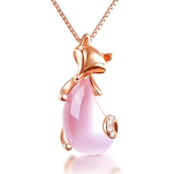 

Natural Pink Crystal fox Pendant Necklace Charm Jewellery Fashion Accessories Hand-Carved Man ahd woman Luck Amulet Gift