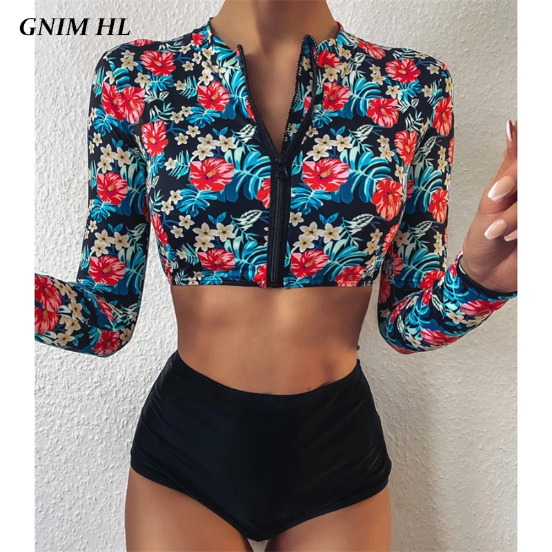 

GNIM High Waist Swimwear Women Long Sleeve Bikini Mujer 2020 Floral Print Swimsuit Female Two Pieces Zipper Bathing Suit Biquini