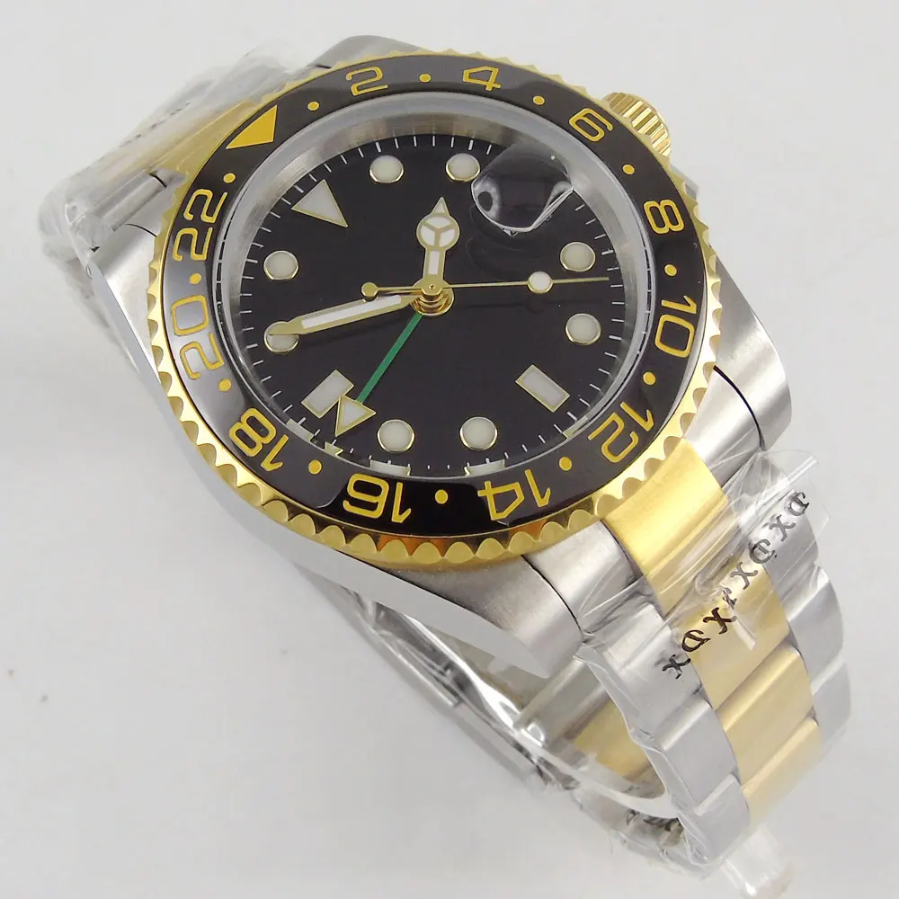 

Luxury Green GMT Function Gold Plated Sapphire Crystal Auto Date Mental Strap 40mm Self Winding Watch