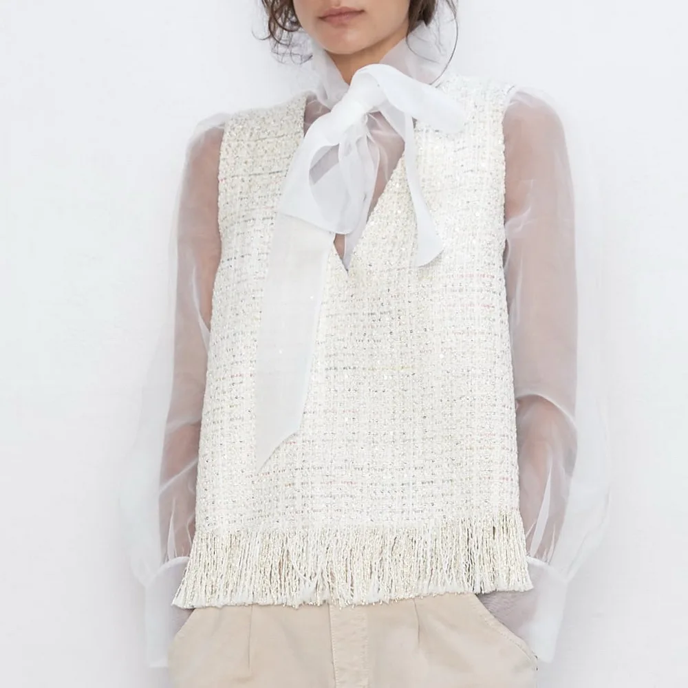 

2019 ZA WOMEN'S FASHION TWEED TOP WITH CONTRAST ORGANZA PATCHWORK FEMALE'S SHIRTS FOR GRIL WITH BOW KNOT XS S M L