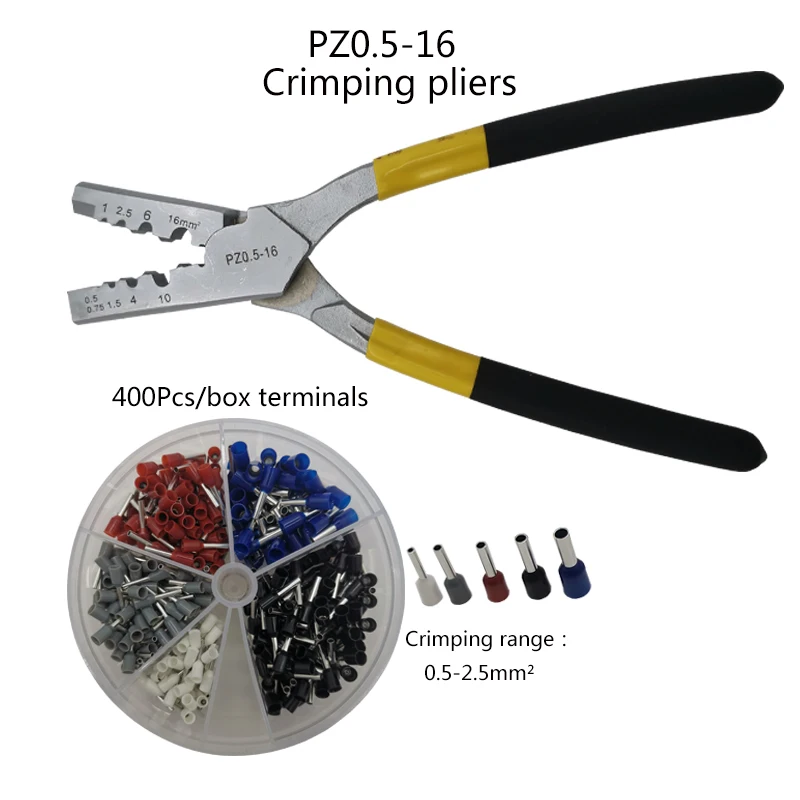 PZ0.5-16 400PCS PZ0.5-16 обжимной инструмент обжимные плоскогубцы для клемм, зажимы плоскогубцы электрические трубчатые Клеммы Коробка 0,5-16 мм2 набор инструментов - Цвет: PZ0.5-16 400PCS