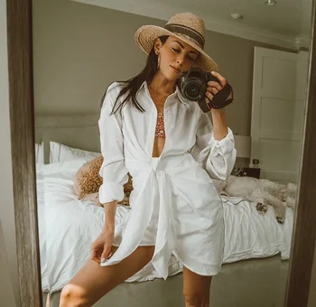 

Summer Deep V Neck Sexy White Shirt Dress Women Beach Boho Mini Dress Elegant Ruched Bandage Dress Vestidos