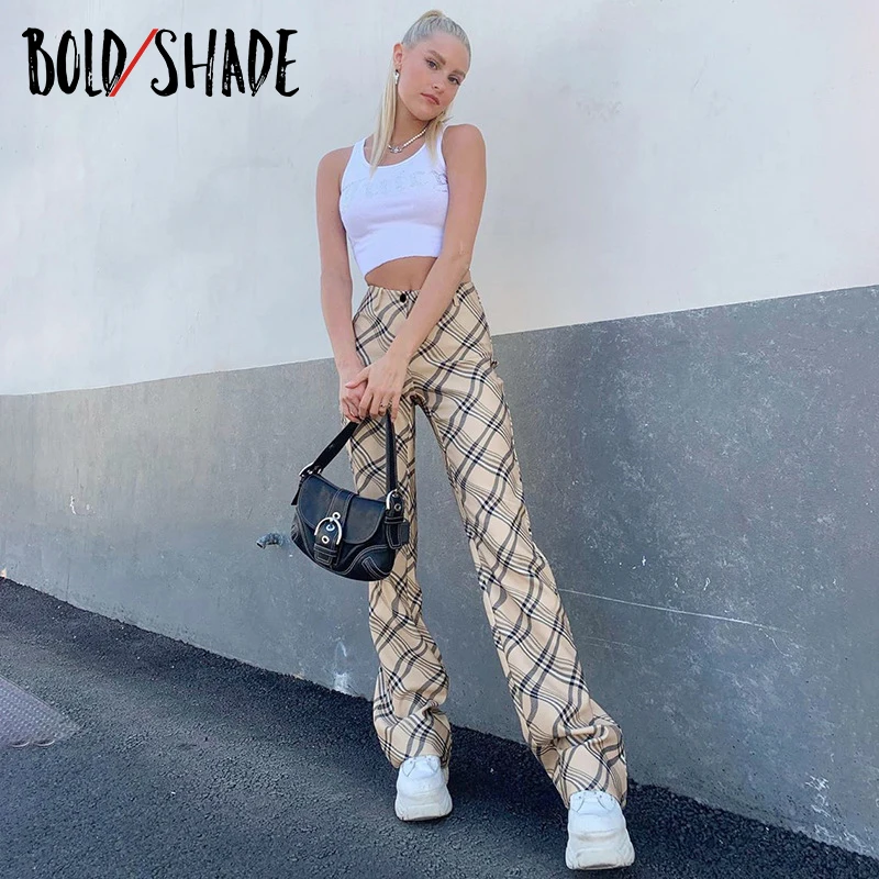 Bold Shade 90s Streetwear Fashion Women Pants High Waist Striped Khaki Trousers Y2K Autumn Winter Vintage Indie Style Pants 2020