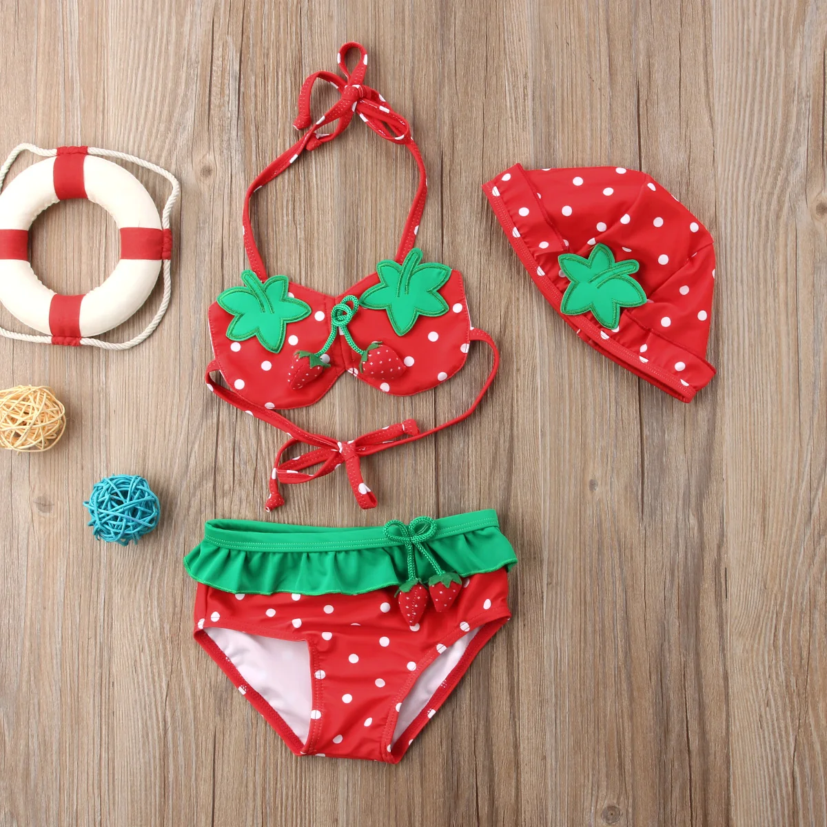 Baby Girl Strawberry Printed Ruffled Bikini Tankini Sets with Hat Kids Summer Beach Two Pieces