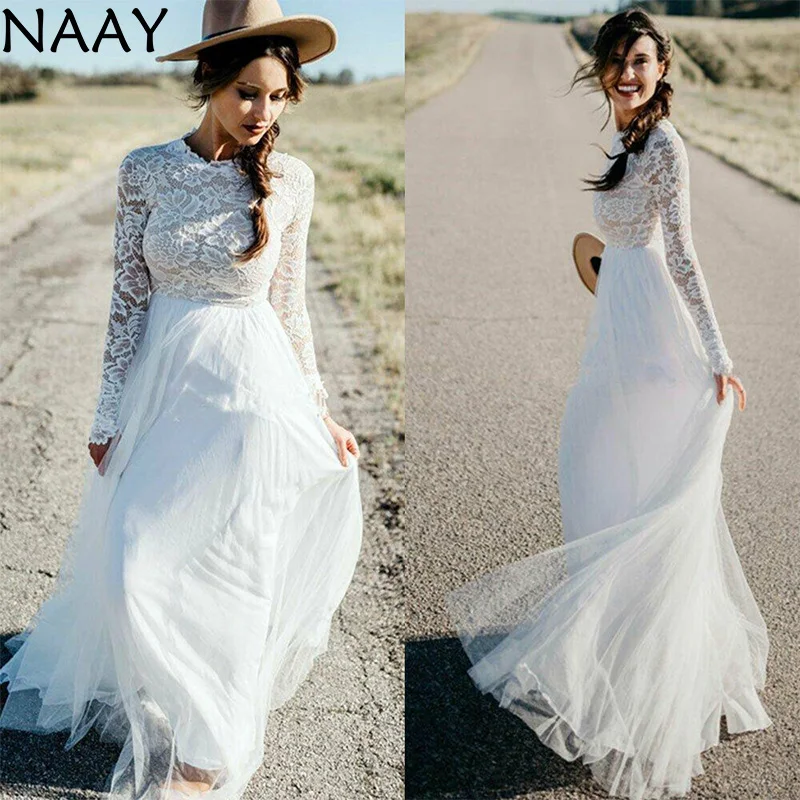 

NAAY 2020 A Line Boho Simple Long Sleeve Wedding Dress Puffy Tulle Lace Cheap Bridal Dress Plus size Vestido De Noiva
