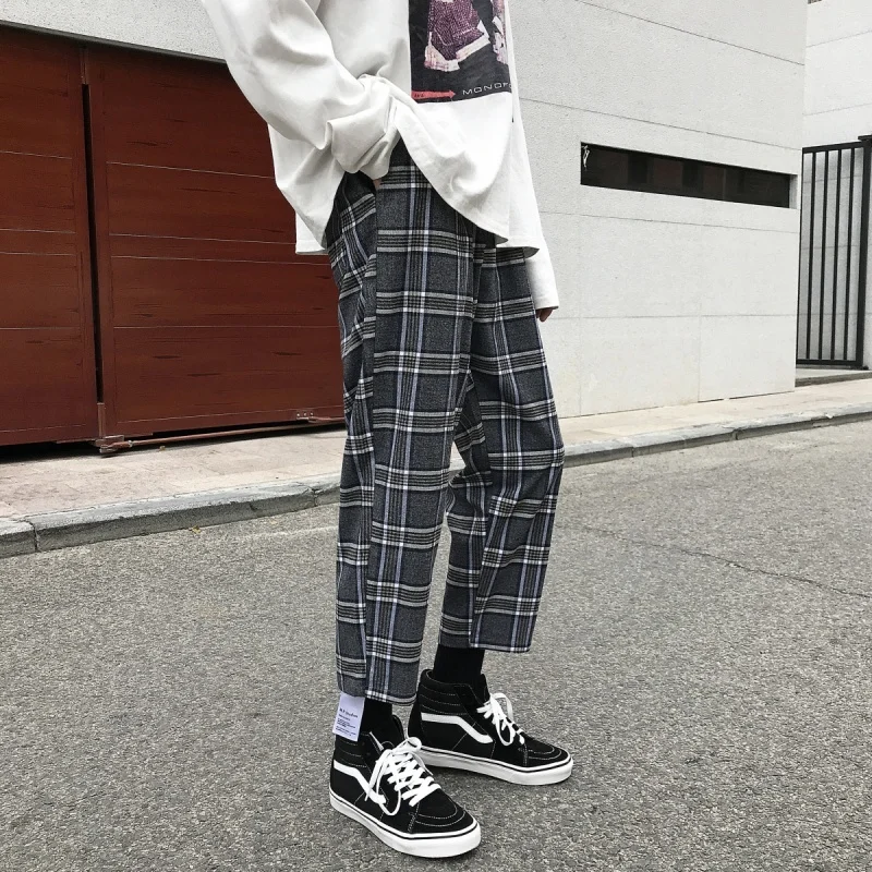 Cotton Plaid Pants Men s Fashion Casual Retro Straight Trousers Mens Streetwear Wild Loose Hip Hop 2