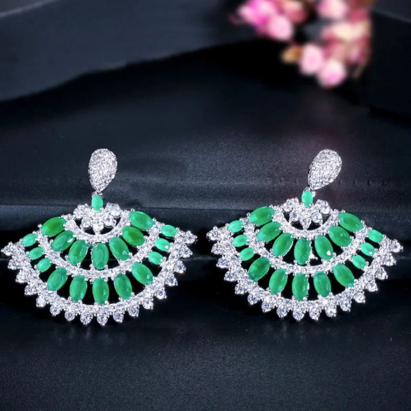 

Zlxgirl jewelry Green color zircon copper gold fan stud earring for women's wedding bridal accessory nice indian gold earings