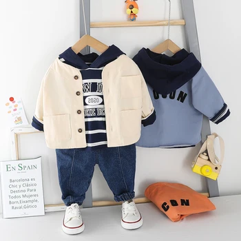 

Toddler Infant Clothing Sets 2020 Spring Baby Boys Casual Clothes Stripe Hooded T Shirt Coats Jeans 3-piece Set