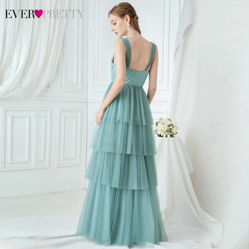 Элегантные Синие платья подружки невесты Ever Pretty EP00731DB Многослойные трапециевидные v-образным вырезом с рюшами тонкие лямки тюль свадебные вечерние платья