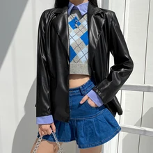 2021 Fashion New Punk Girl Black Faux Leather Jacket Female Lapel 90s Gothic One-button Jacket Autumn Retro Ladies Streetwear