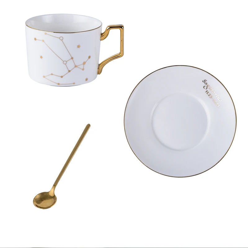 Sagittarius Wourmth 12Constellations Кофейная чашка Блюдце с белыми и золотыми косточками Фарфоровые чайные чашки с ложкой из нержавеющей стали - Цвет: Sagittarius