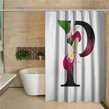 

Letter P 3D Printed Shower Curtain Lady Slipper Flower with Dark Colored Letter P from Alphabet ABC Print Hotel Quality Machine