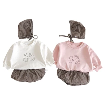 

Three Optional Suits For Autumn New Baby Cartoon Print Sweater + Small Lattice Bread Pants + Hat