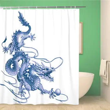 

Bathroom Shower Curtain Asia Blue Dragon Running Down Diagonally on Caprice Character 72x72 inches Waterproof Bath Curtain Set