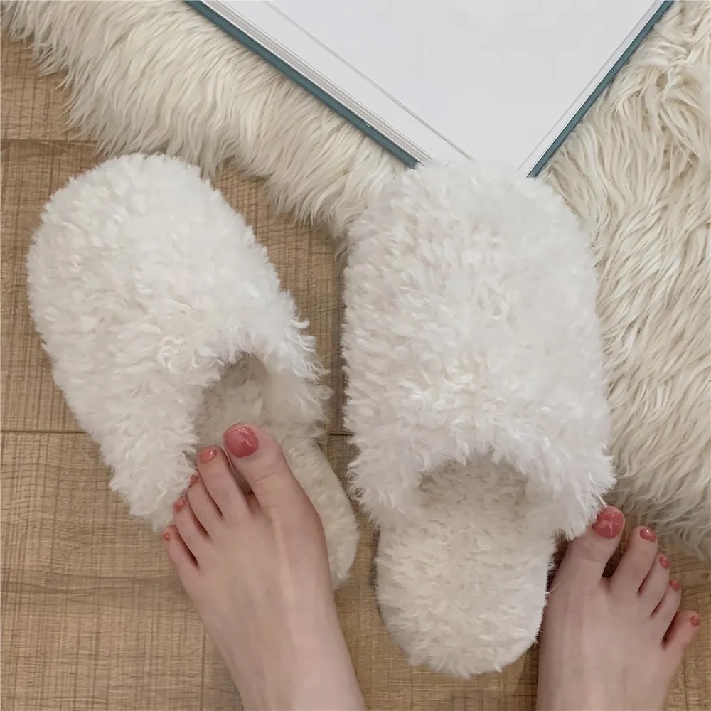 Warm White House Slippers Winter Soft Fuzzy Slippers For Women Faux Fur Slides Slippers Female Girls Slip On Hairy Home Shoes