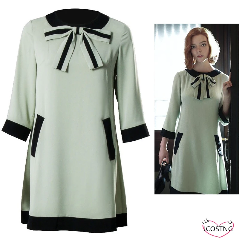 The Queen's Gambit Beth Harmon Costume Dress Long Sleeve Green And Pink Dress For Women Slim