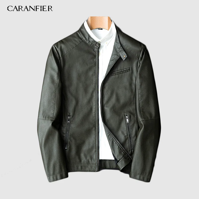 Зеленый CARANFIER искусственная кожа для мужчин s PU куртки модное Зимнее Пальто мотоциклетная байкерская куртка мужская Толстая бархатная куртка - Цвет: Зеленый