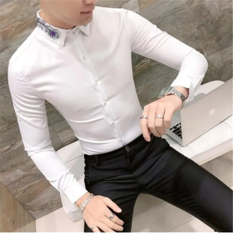 Весенняя Корейская мужская рубашка с длинным рукавом Camisa Masculina, одноцветная модная мужская рубашка с вышитыми перьями, Camisa Homem, Черная - Цвет: 1