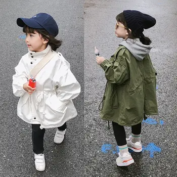 

Spring Autumn Army Green Jacket for Girls Hooded Cardigan Baby Girls Long Windbreakers Girls Casual Coat Children Clothes