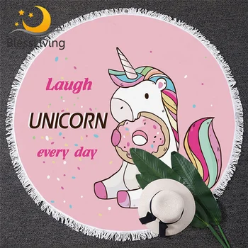 

BlessLiving Cute Unicorn Round Beach Towel Rainbow Hair Tassel Tapestry Colorful Pink Yoga Mat Donuts Cartoon Toalla Blanket
