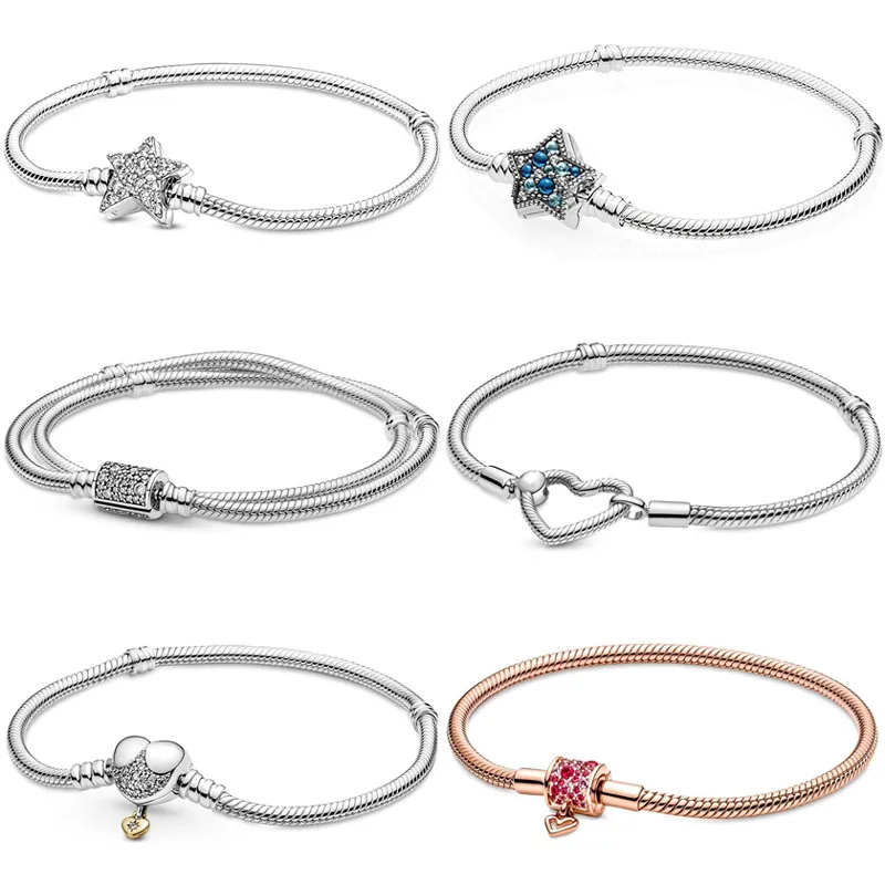 

Original S925 Asymmetric Star Heart Closure Double Wrap Barrel Clasp Snake Bracelet For Popular Bangle Bead Charm Diy Jewelry