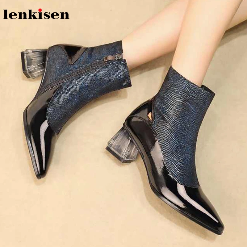 

Lenkisen modern mixed colors genuine leather crystal heels pointed toe high heels keep warm winter mature women ankle boots L6f5
