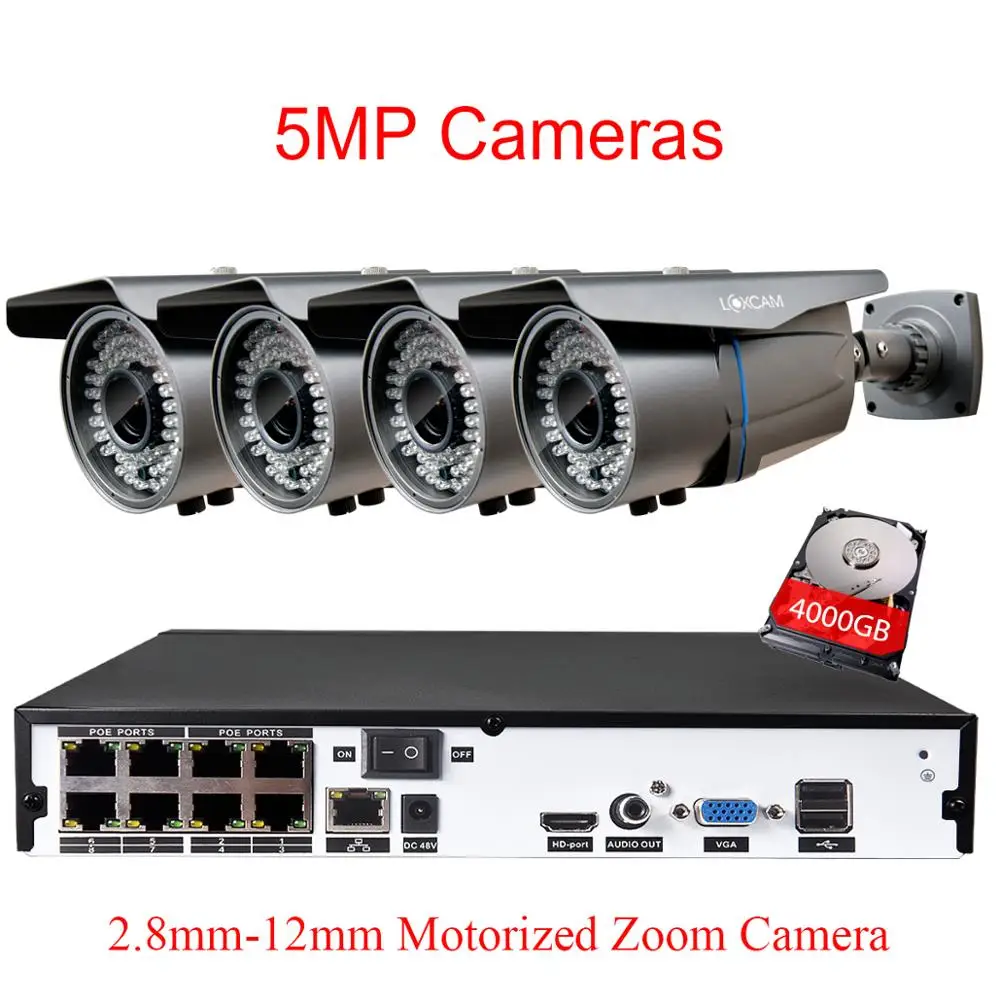 LOXCAM H.265+ CCTV NVR система 8CH POE NVR комплект 48 В 5.0MP POE ip-камера безопасности 2,8-12 мм моторизованный зум система видеонаблюдения - Цвет: 8CH NVR x 4 Camera