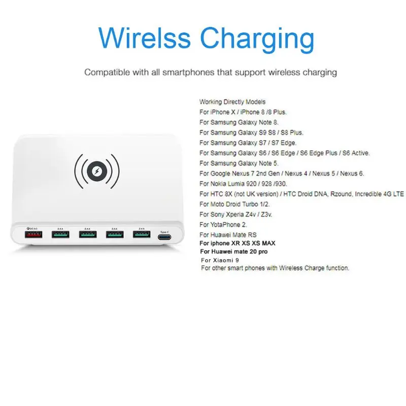Быстрая зарядка 3,0 5x usb type C PD 18 Вт адаптер питания Qi Беспроводное зарядное устройство для мобильного телефона быстрое зарядное устройство Держатель для samsung Xiaomi Mobile