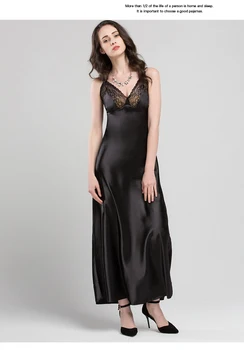 الدانتيل مثير حبال فستان النوم الساتان لباس نوم من الحرير النساء فو الحرير طويل البشاكير الإناث أكمام الخامس الرقبة قمصان النوم C1618 6