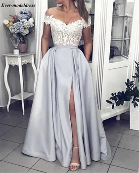 

Elegant Side Split Prom Dresses Long Off The Shoulder Lace Appliques Pockets Celebrity Formal Gowns Sweep Train Customized Gala
