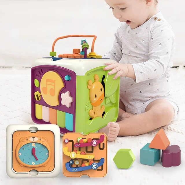 7 In 1 Baby Activity Cube Toddler Toys Educational Shape Sorter Musical Toy Bead Maze Counting Discovery Toys For Kids Learning 2