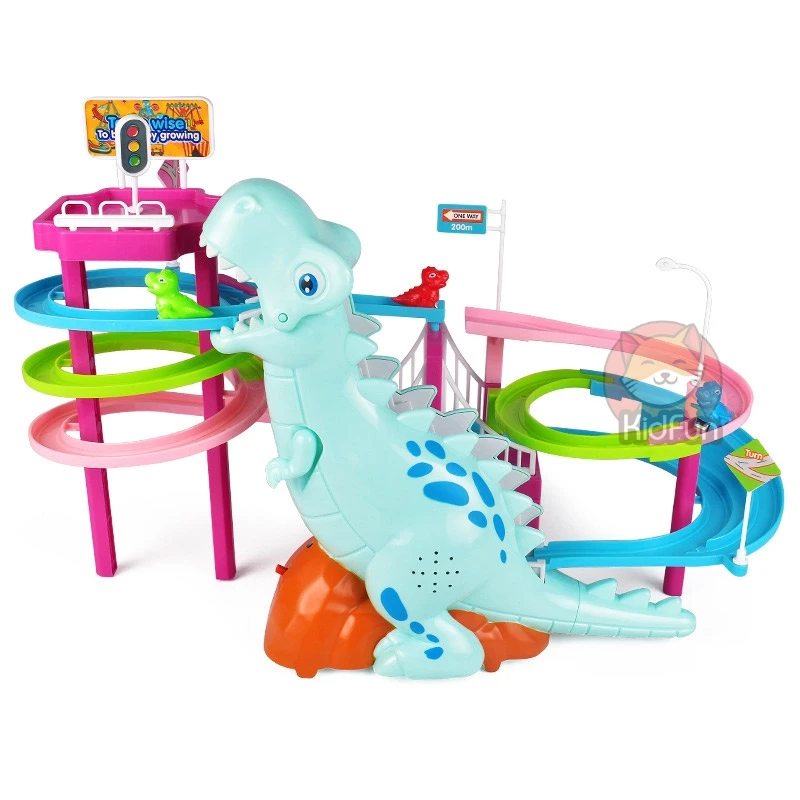 Electric Slide Railcar Track Toy Cartoon Dinosaur Track Set  Dinosaur Climb Stairs Music Light Interactive Educational Toys