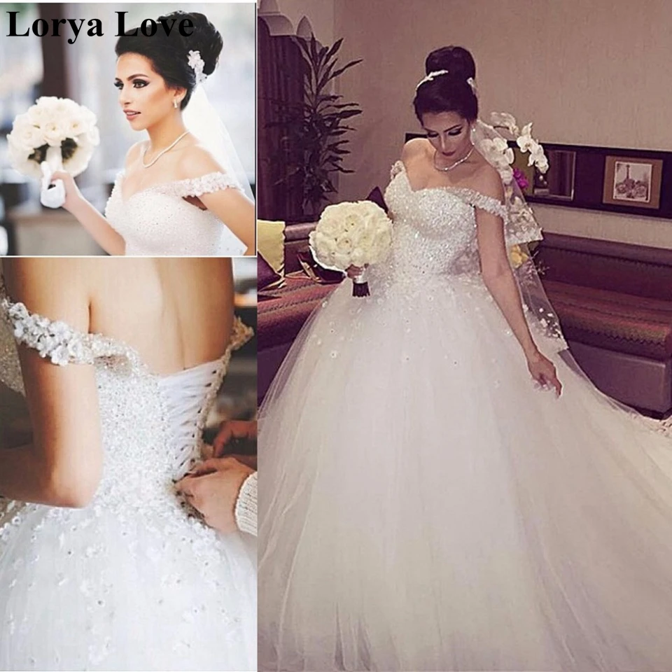 

Wedding Dresses 2020 New White/Ivory Elegant Plus Size Bridal Gown Off The Shoulder Beading Sequins Tulle Long Vestido De Noiva