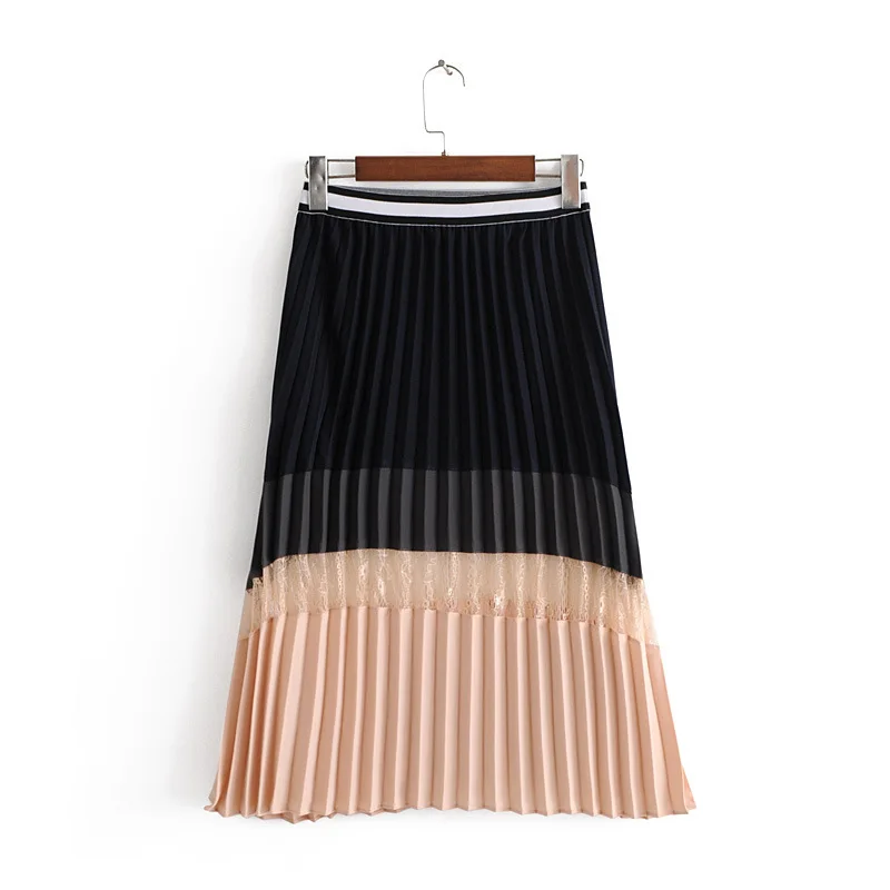 

2018 Western Style Early Spring WOMEN'S Dress New Style Color Block Pleated Skirt