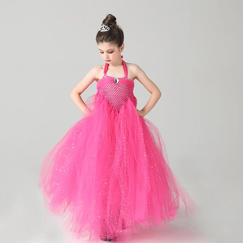 Glittery Hot Pink Tulle Girls Party Tutu Dress Princess Stunning Ball Gown Dress for Children Wedding Pageant Birthday Costume (4)