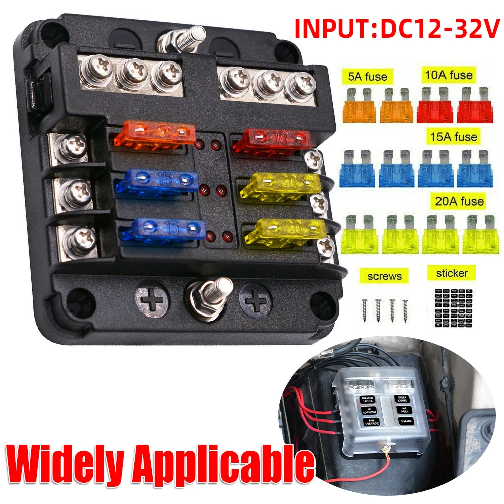 6 Way Blade Fuse Box & Bus Bar Car Kit With Cover Fuse Box Holder 12V
